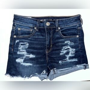 American Eagle Hi Rise Shortie Shorts denim jean distressed cut-offs Size 4